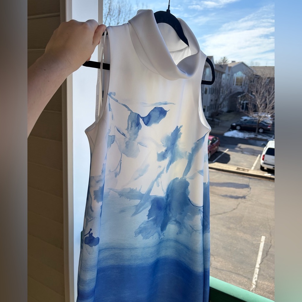 ✨Donna Karan New York Blue Watercolor Sleeveless Sheath Dress Size 2 Mock Midi - Picture 5 of 14